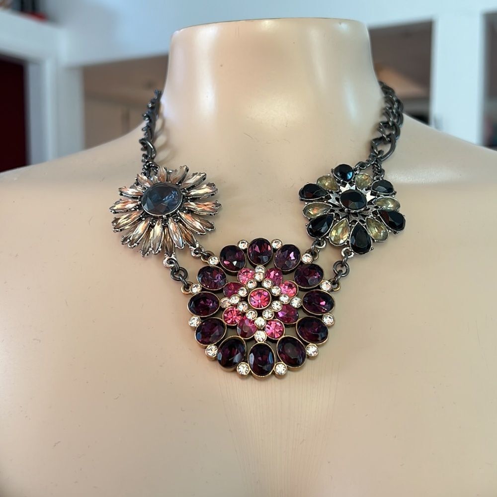 * Lucky brand, pink, purple, black large, rhinestone statement, piece necklace